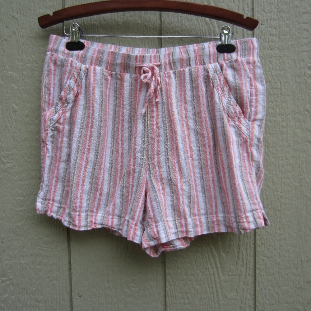 Briggs Short Women's L Linen Blend Pull On Drawstring Elastic Multi Stripe Pink